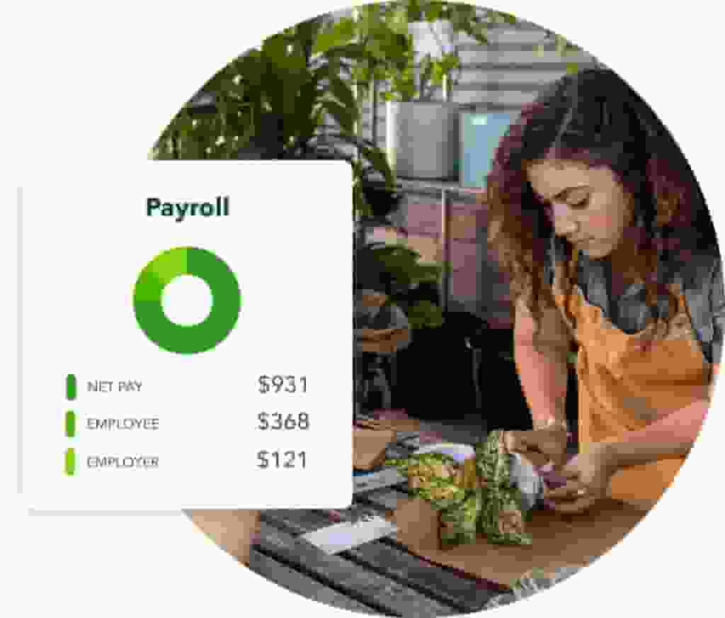 A small business owner using QuickBooks Payroll Software, overlaid with a preview of a pie chart displaying statistics